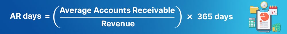 Accounts Receivable AR Days Formula - AR Days = Average Accounts Receivable / Revenue x 365 days