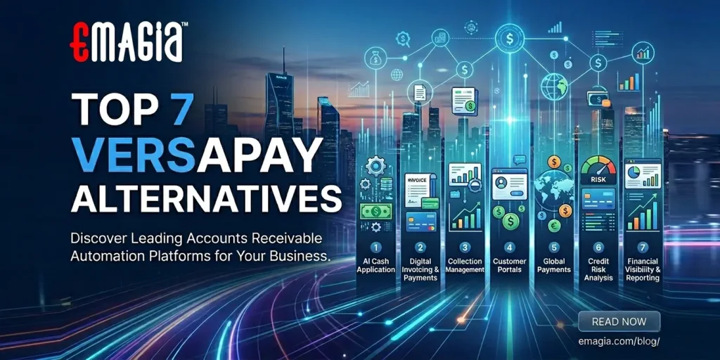 Infographic comparing the top 7 Versapay alternatives for accounts receivable automation, including Emagia, HighRadius, Billtrust, Esker, Quadient AR, Tesorio, and Gaviti.