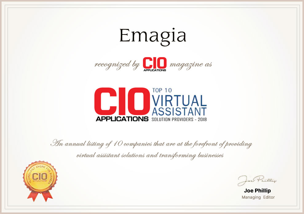 Emagia Awarded Top 10 Virtual Assistant Technology Solution Providers