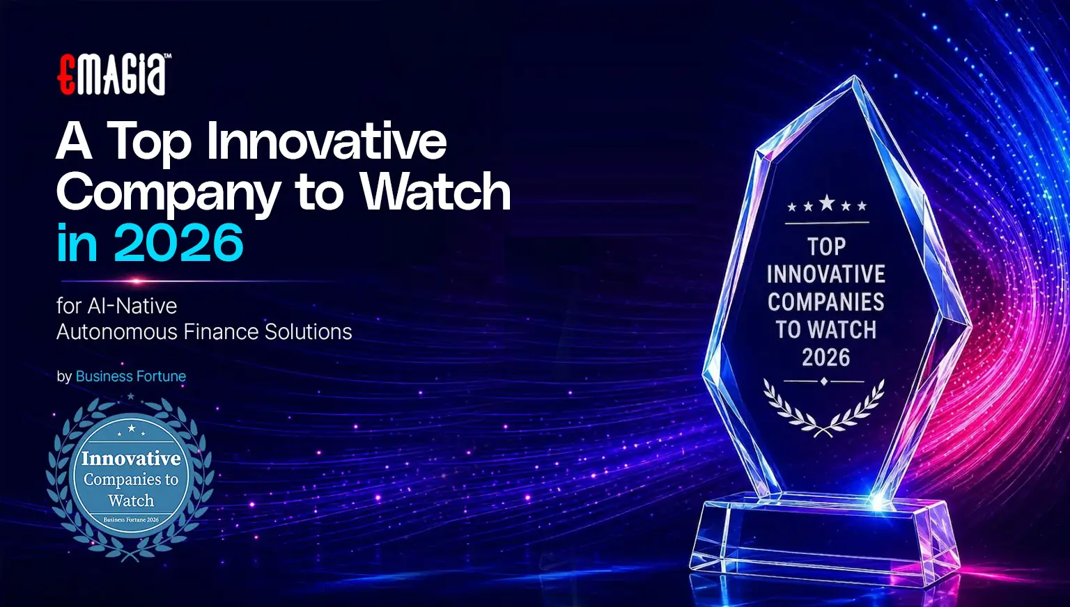 Emagia recognized as a Top Innovative Companies of 2026 Distinction award with futuristic crystal trophy and digital technology background.